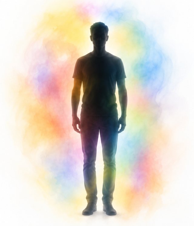Silhouette entourée d’une aura aux couleurs changeantes