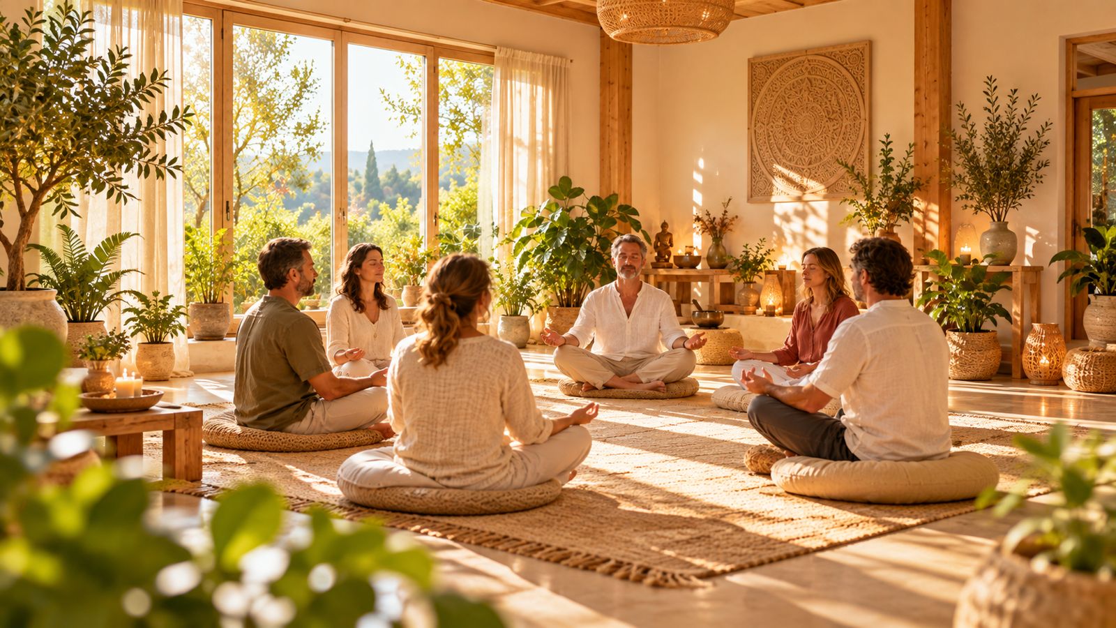Atelier de méditation en groupe dans une salle lumineuse