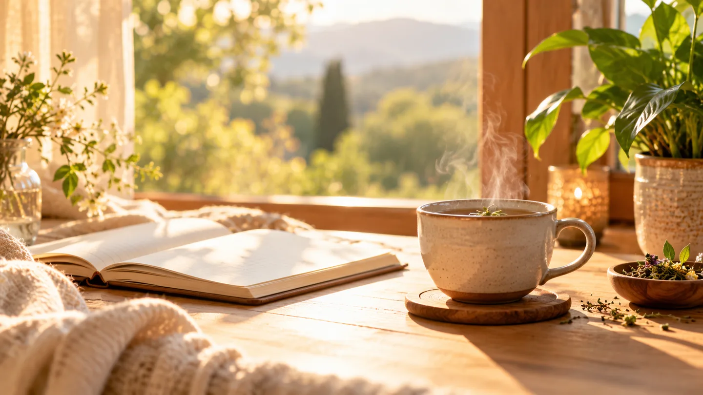 Tasse de tisane près d’une fenêtre, lumière du matin