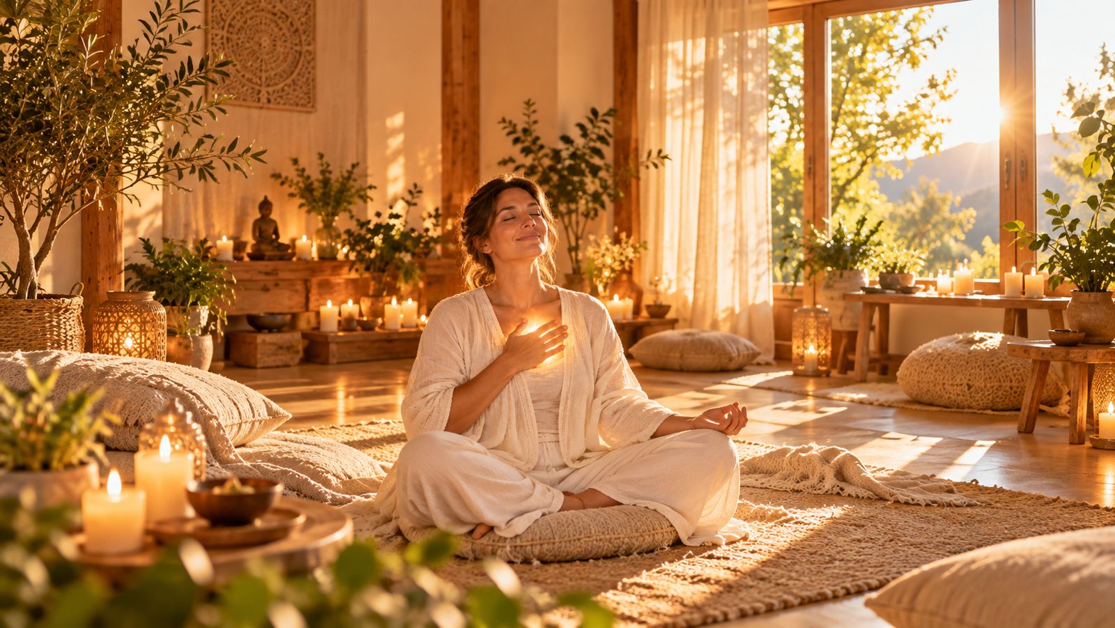 Une femme souriante, assise en méditation, la main sur le cœur, dans une salle lumineuse
